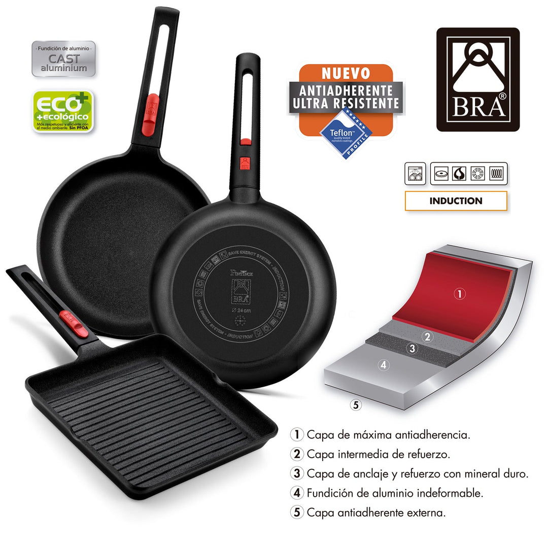 BRA Infinity - Grill Rayado 28 cm Mango Desmontable. Inducción y Horno