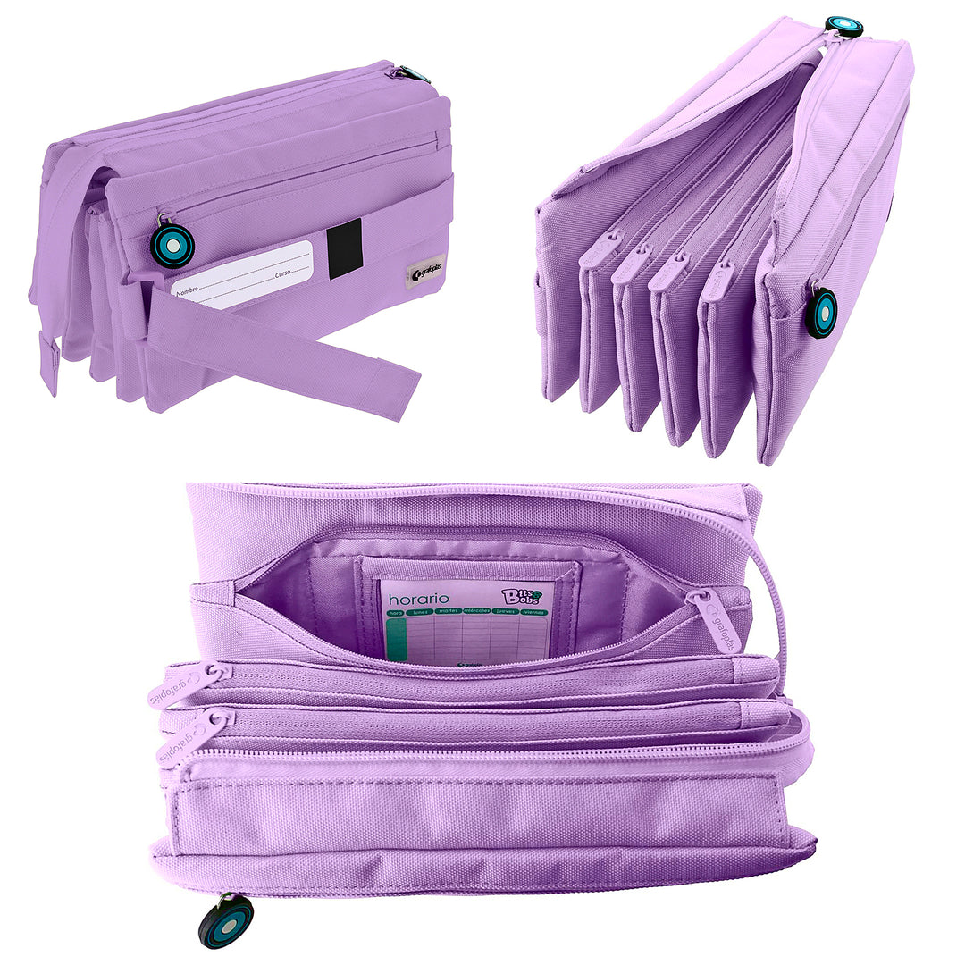 ColePack 2022 - Estuche Escolar Cuádruple de 4 Cremalleras y Material Incluido. Morado