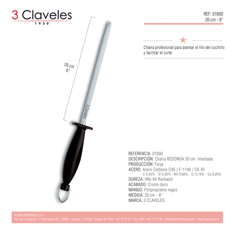 3 Claveles - Chaira Redonda Profesional 20 cm en Acero Carbono Cromado