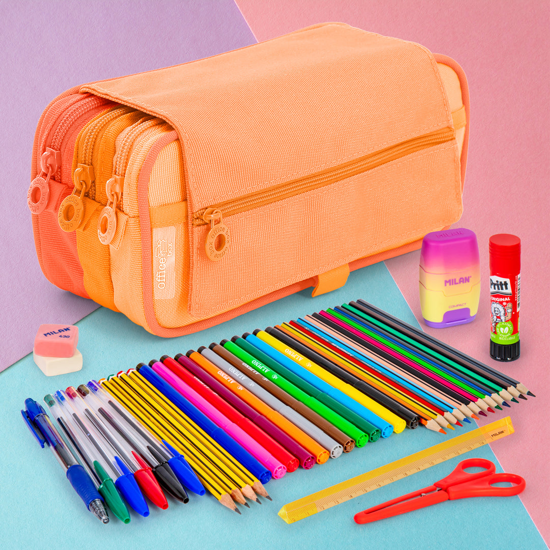 Estuche Portatodo Triple con Tres Cremalleras para Material Escolar Blush Pastel Naranja