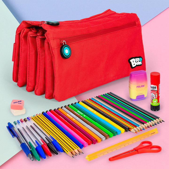 ColePack 2022 - Estuche Escolar Cuádruple de 4 Cremalleras y Material Incluido. Rojo