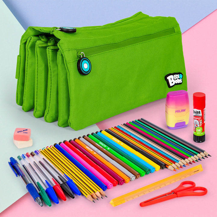 ColePack 2022 - Estuche Escolar Cuádruple de 4 Cremalleras y Material Incluido. Verde