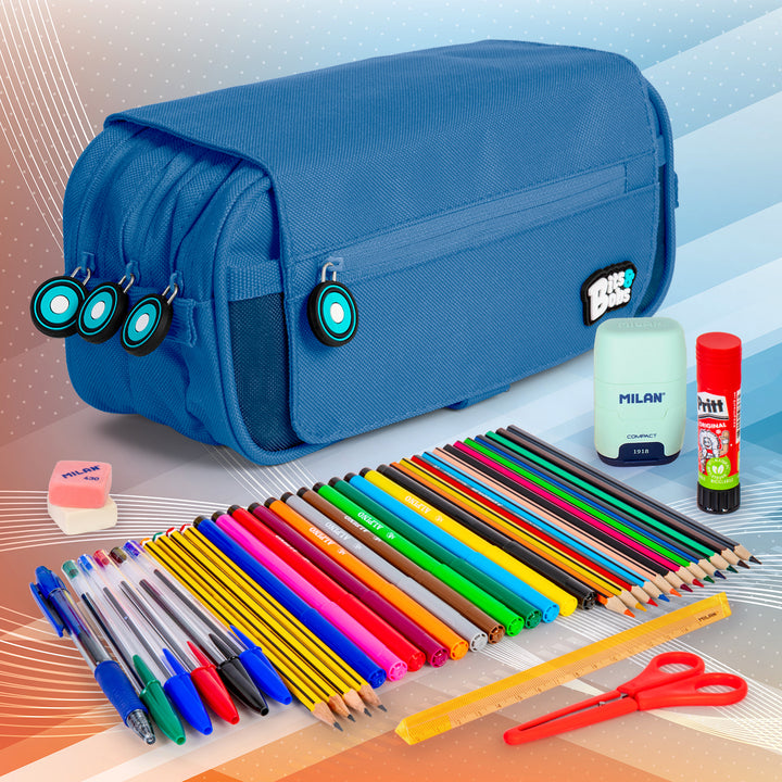 ColePack BitsBobs - Estuche Triple de 3 Cremalleras con Material Escolar Incluido. Azul