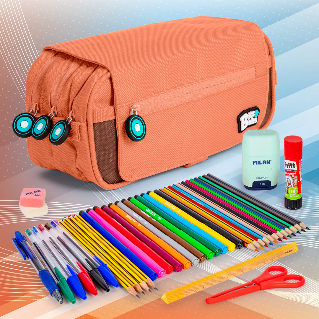 ColePack BitsBobs - Estuche Triple de 3 Cremalleras con Material Escolar Incluido. Coral