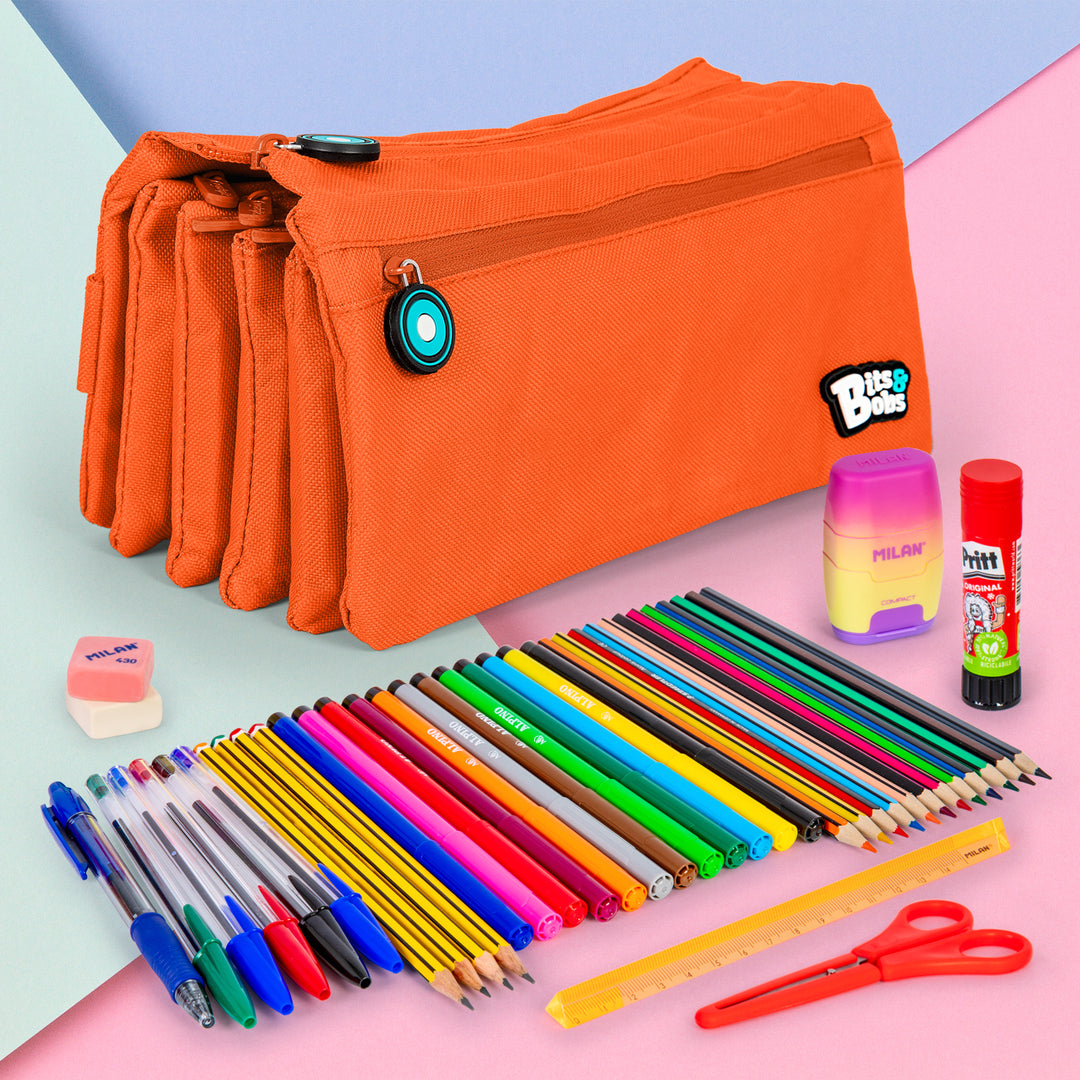 Grafoplás - Estuche Escolar Cuádruple de Alta Capacidad con Cuatro Cremalleras. Naranja