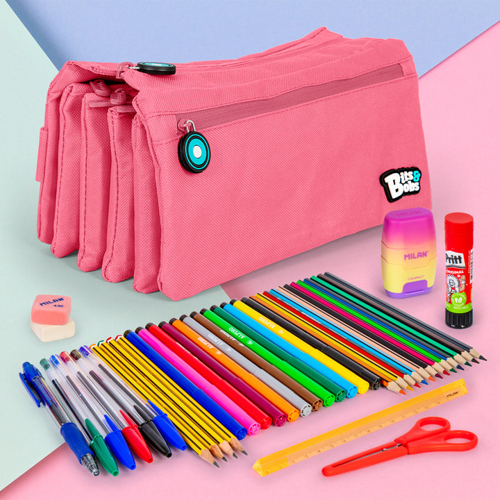 Grafoplás - Estuche Escolar Cuádruple de Alta Capacidad con Cuatro Cremalleras. Rosa Claro