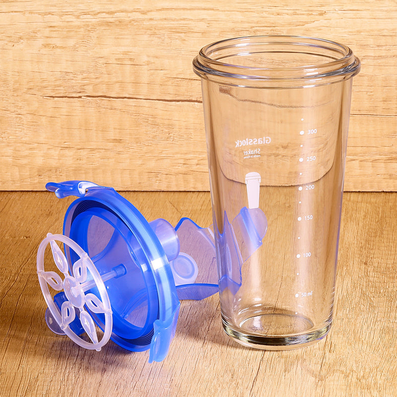 Glasslock Shaker - Vaso Mezclador de 450 ml en Vidrio Templado con Tapa. Azul