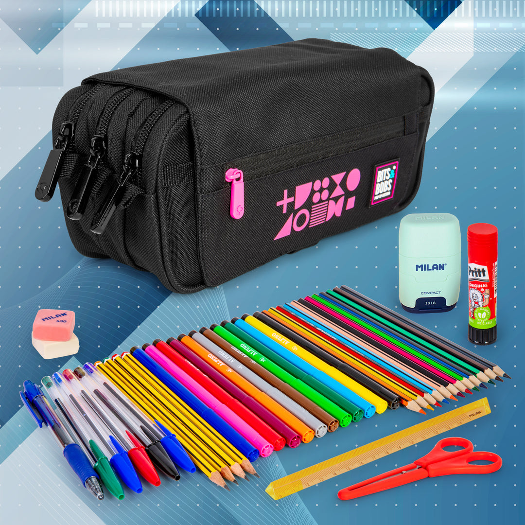 Grafoplás Fluor - Estuche Portatodo Triple con Solapa para Material Escolar. Fucsia