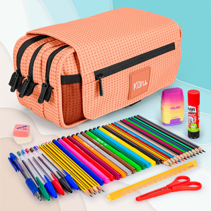 Grafoplás Kūru - Estuche Portatodo Triple con Solapa para Material Escolar. Melocotón