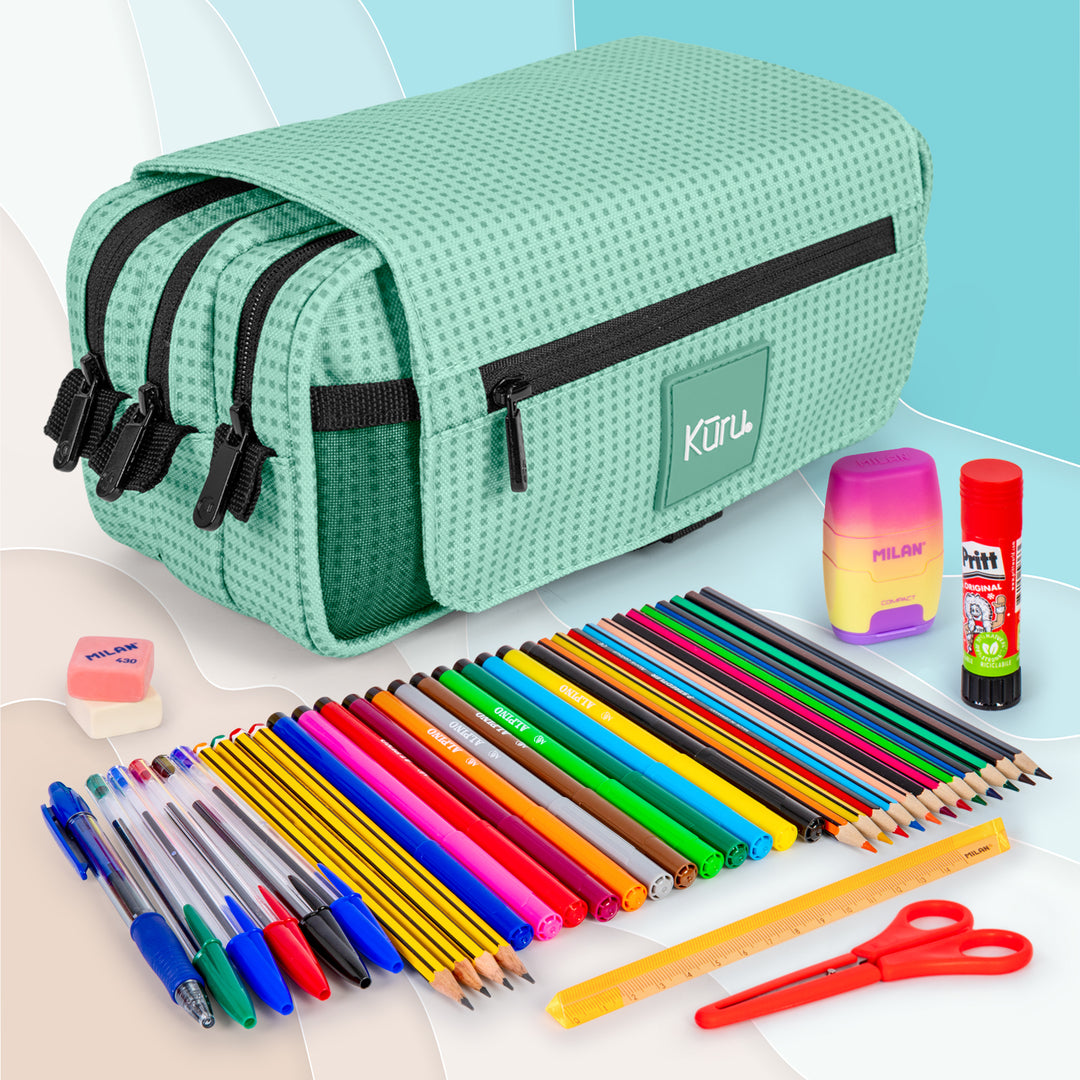 Grafoplás Kūru - Estuche Portatodo Triple con Solapa para Material Escolar. Menta