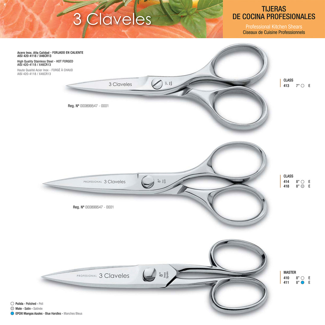 3 Claveles Prof-Class - Tijeras de Cocina Profesionales 8" 20 cm, Acero Forjado en Caliente