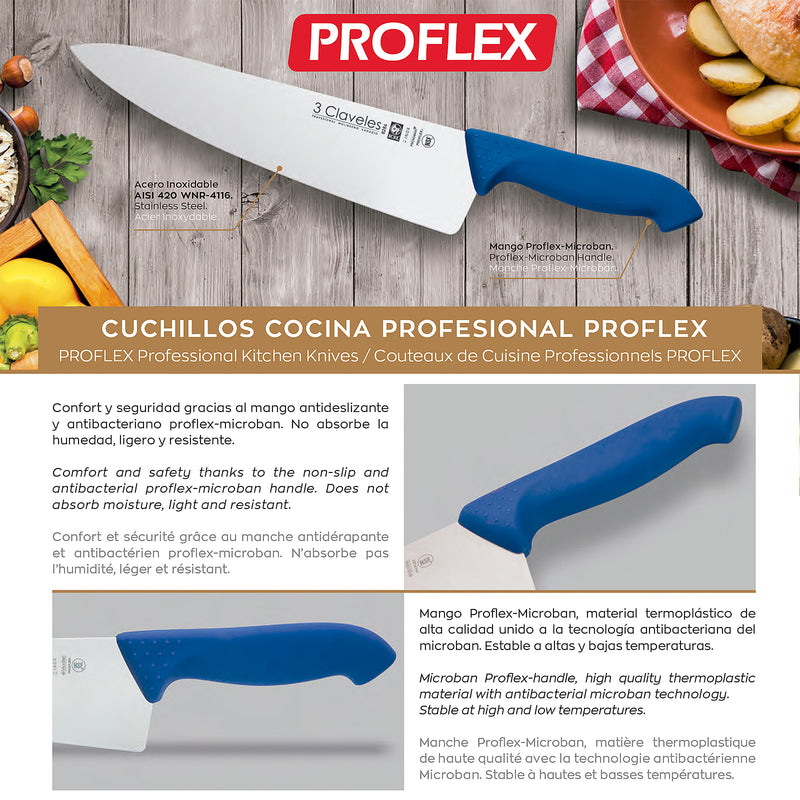 3 Claveles Proflex - Cuchillo Profesional Cocinero Ancho 20 cm Microban. Negro