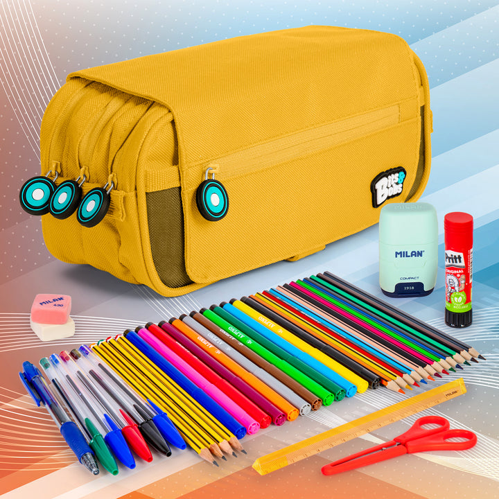 Grafoplás - Estuche Portatodo Triple con Solapa para Material Escolar. Amarillo