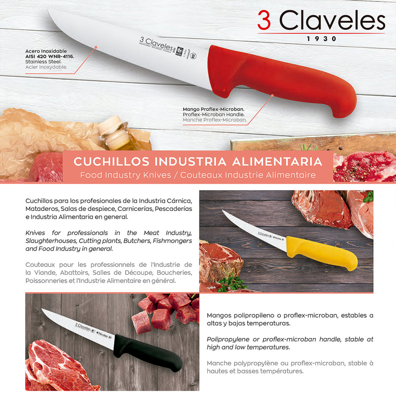 3 Claveles Proflex - Cuchillo Profesional Carnicero Ancho 27 cm Microban. Amarillo