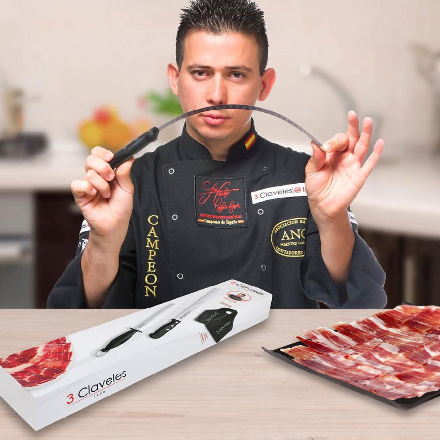 3 Claveles - Kit Corte de Jamón Master con Cuchillo Jamonero, Deshuesadores, Chaira, Estuche y Pinzas