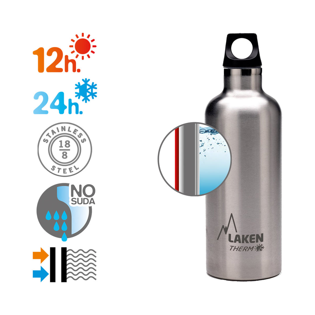 LAKEN Futura - Botella Térmica de Boca Estrecha 0.5L en Acero Inoxidable. Plata