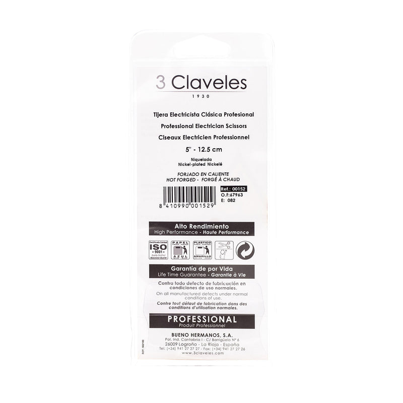 3 CLAVELES 00152 - Tijeras de Electricista Profesionales, Clásicas, 12.5 cm - 5"