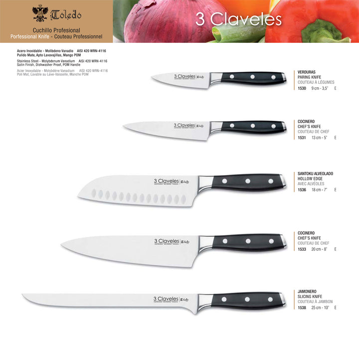 3 Claveles Toledo - Cuchillo Jamonero Profesional 25 cm Acero Inoxidable