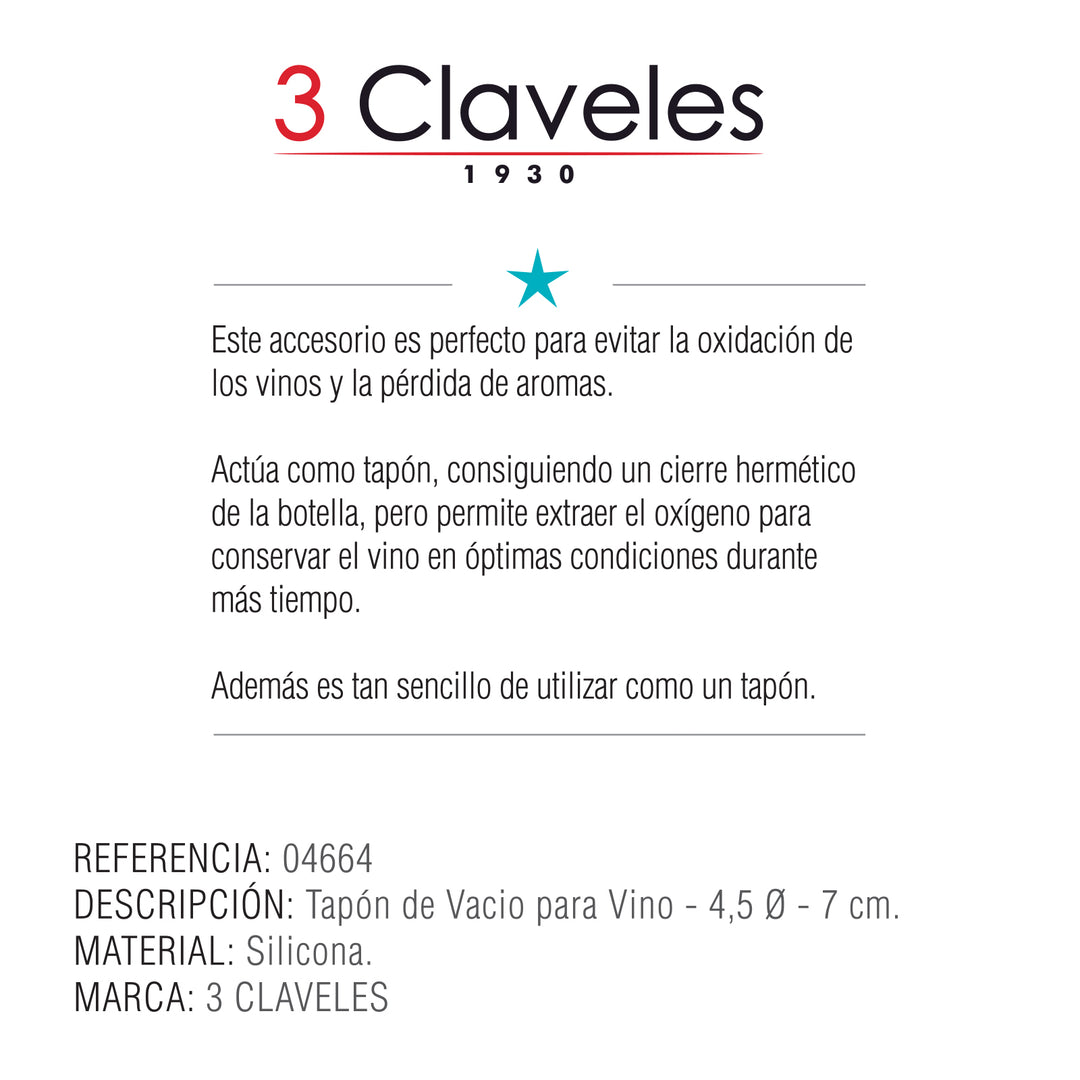 3 Claveles - Tapón de Vacío para Botellas de Vino Estándar